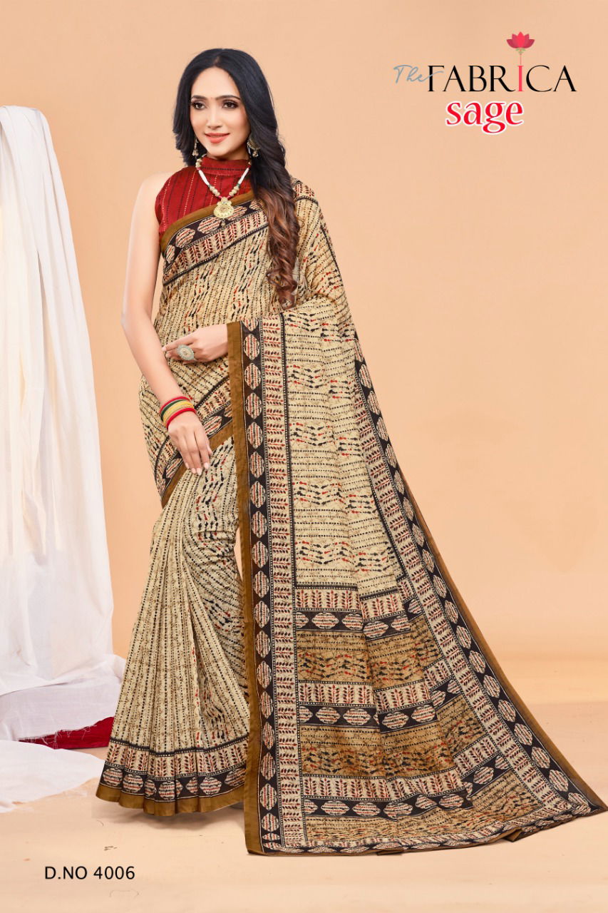 The Fabric Sage Regular Wear Printed Wholesale Cotton Sarees
